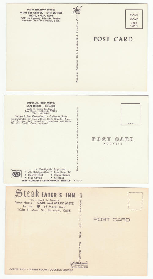 1960s California Hotel Motel Post Cards