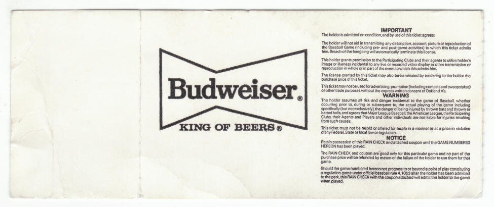 Nolan Ryan 6th No Hitter Ticket Stub back