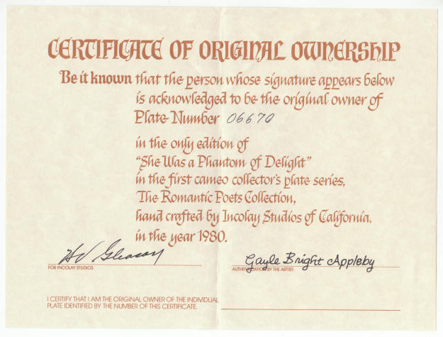 Romantic Poets Collectors Plate 4 coa