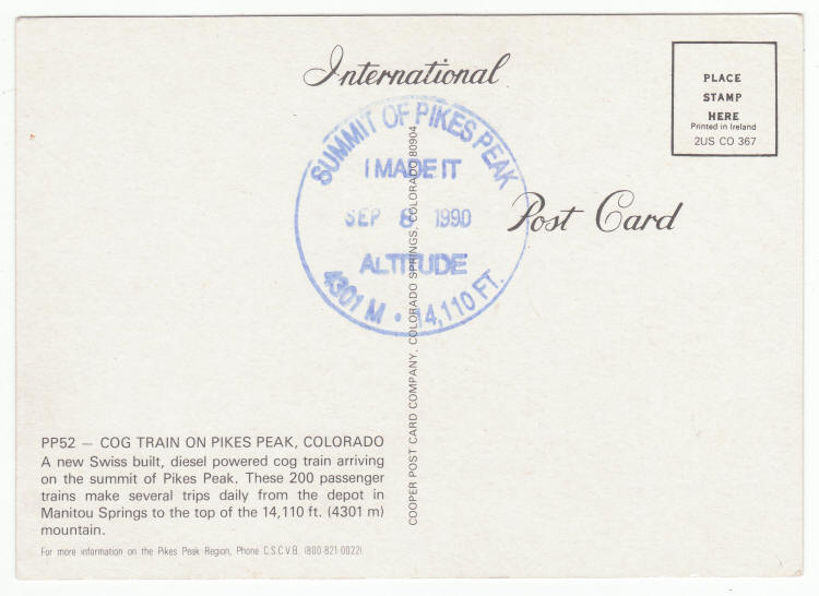 Cog Train Pikes Peak Post Card back