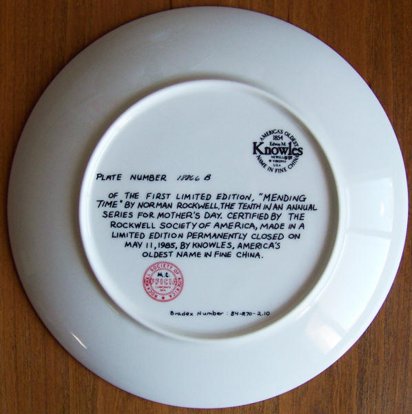 Norman Rockwell Mothers Day Plate 1985 back