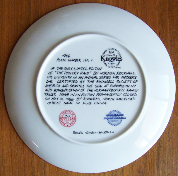 Norman Rockwell Mothers Day Plate 1986 back