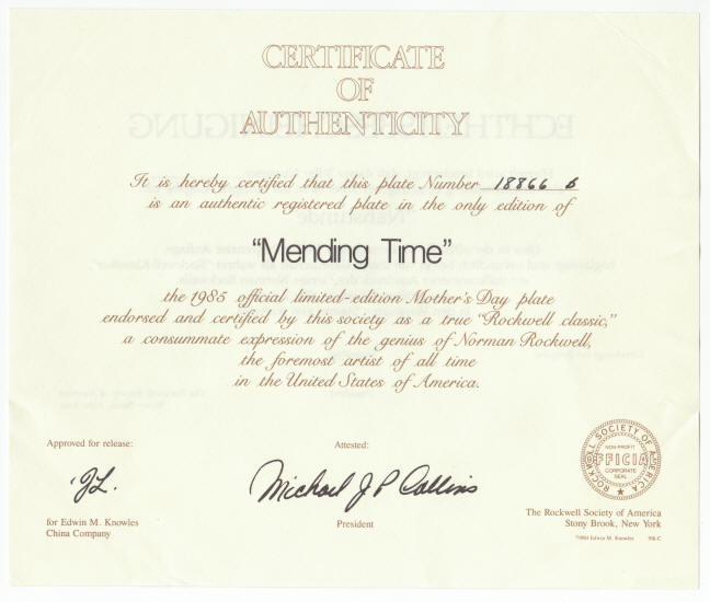 Norman Rockwell Mothers Day Plate 1985 COA