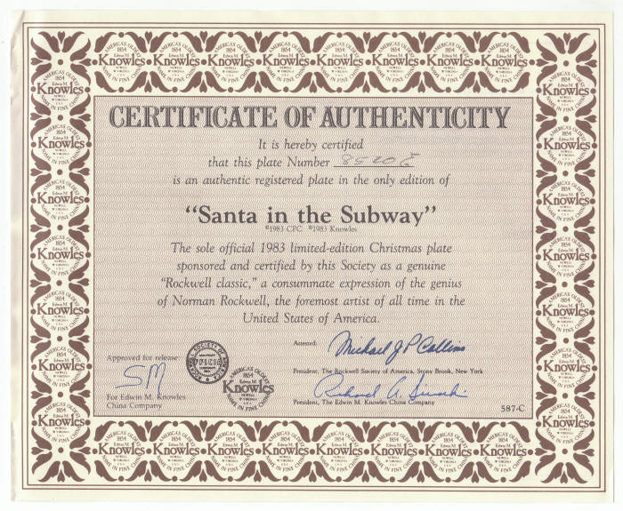 Rockwell Society Christmas Annual 1983 Plate COA