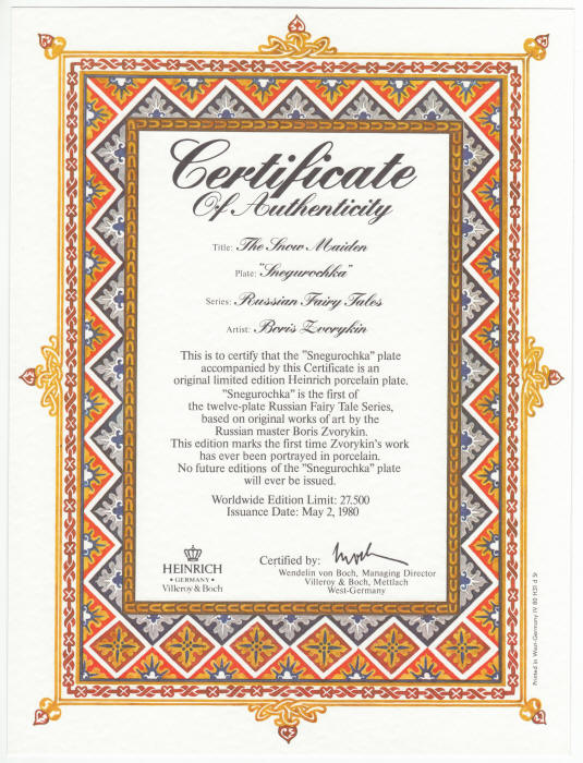 Russian Fairy Tales Plate 1 Snow Maiden COA