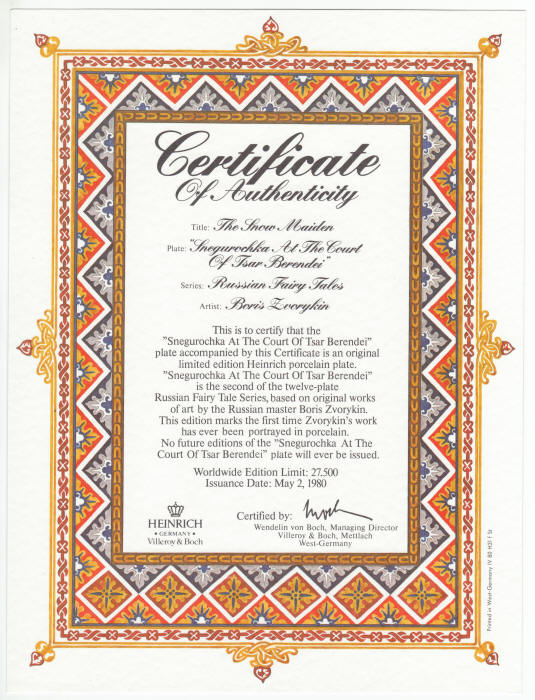 Russian Fairy Tales Plate 2 Snow Maiden COA