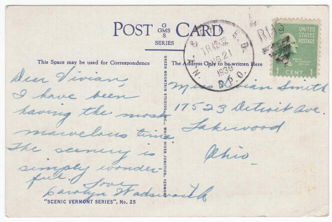 1938 Green Mountains St Johnsbury Vermont Post Card back