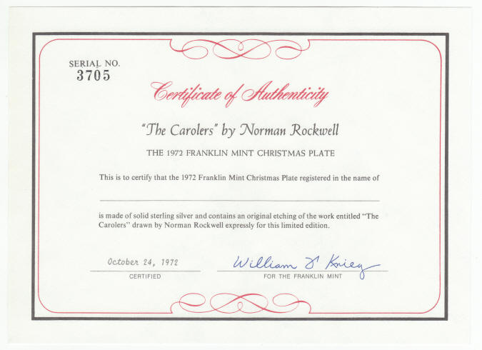 Norman Rockwells The Carolers Sterling Silver Plate COA