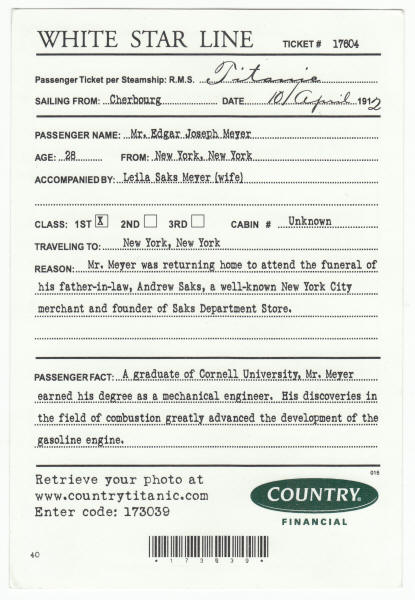 Titanic Boarding Pass Reproduction back