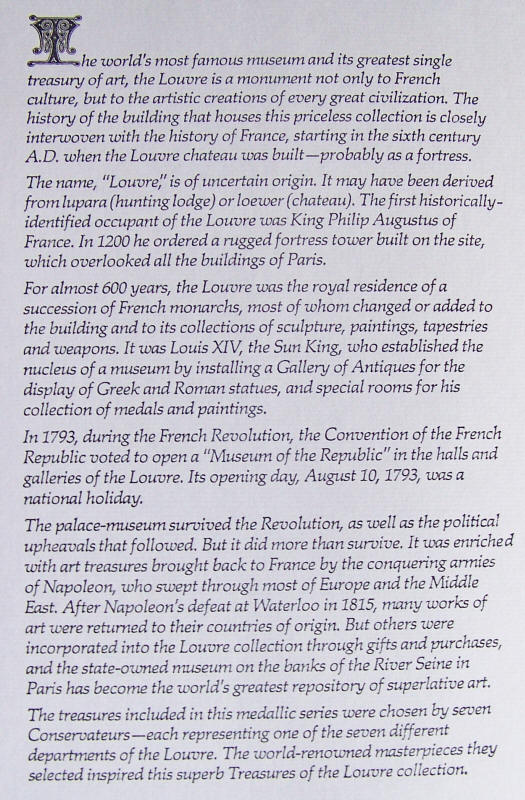 Treasures Of The Louvre Sterling Silver Proof Medals Binder Title Page