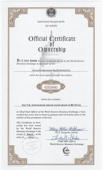 World Reserve Monetary Exchange Uncut Sheet of One Dollar Bills Certificate